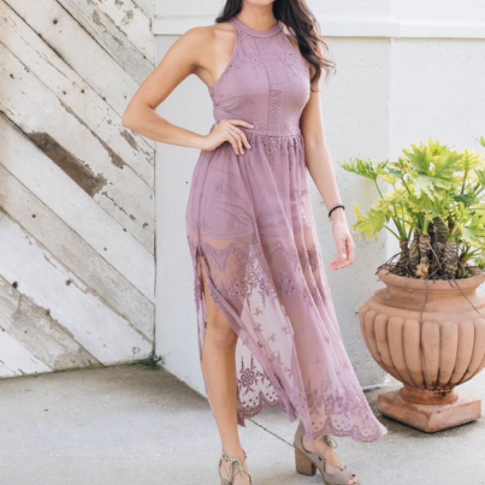 DUSTY PURPLE LACE MAXI ROMPER
